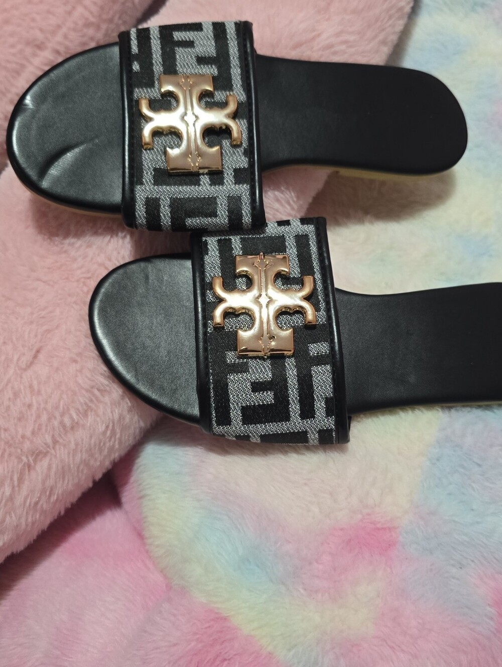 Tory Burch Black Slide Sandals with Gold Logo Accent